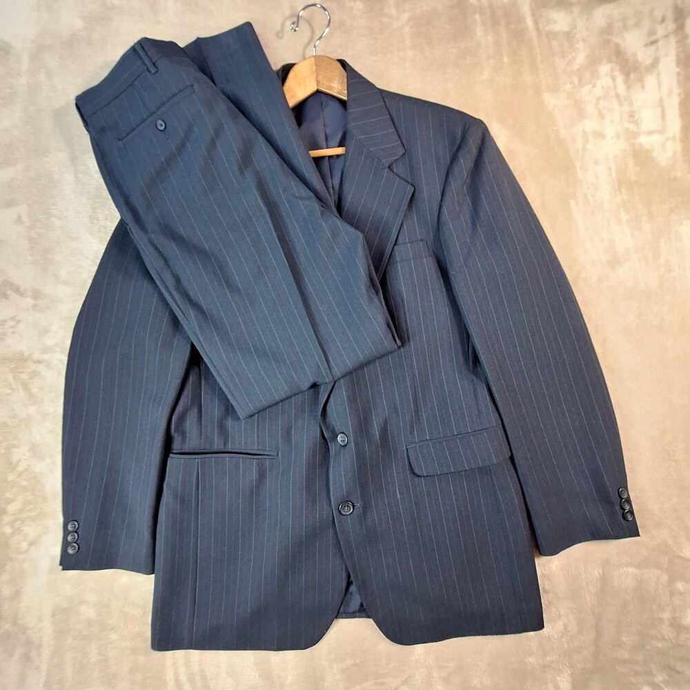 Reedst James Suit Mens 44 30x31 Blue Wool Poly Stripe Single Vent 2 Btn 2 Piece